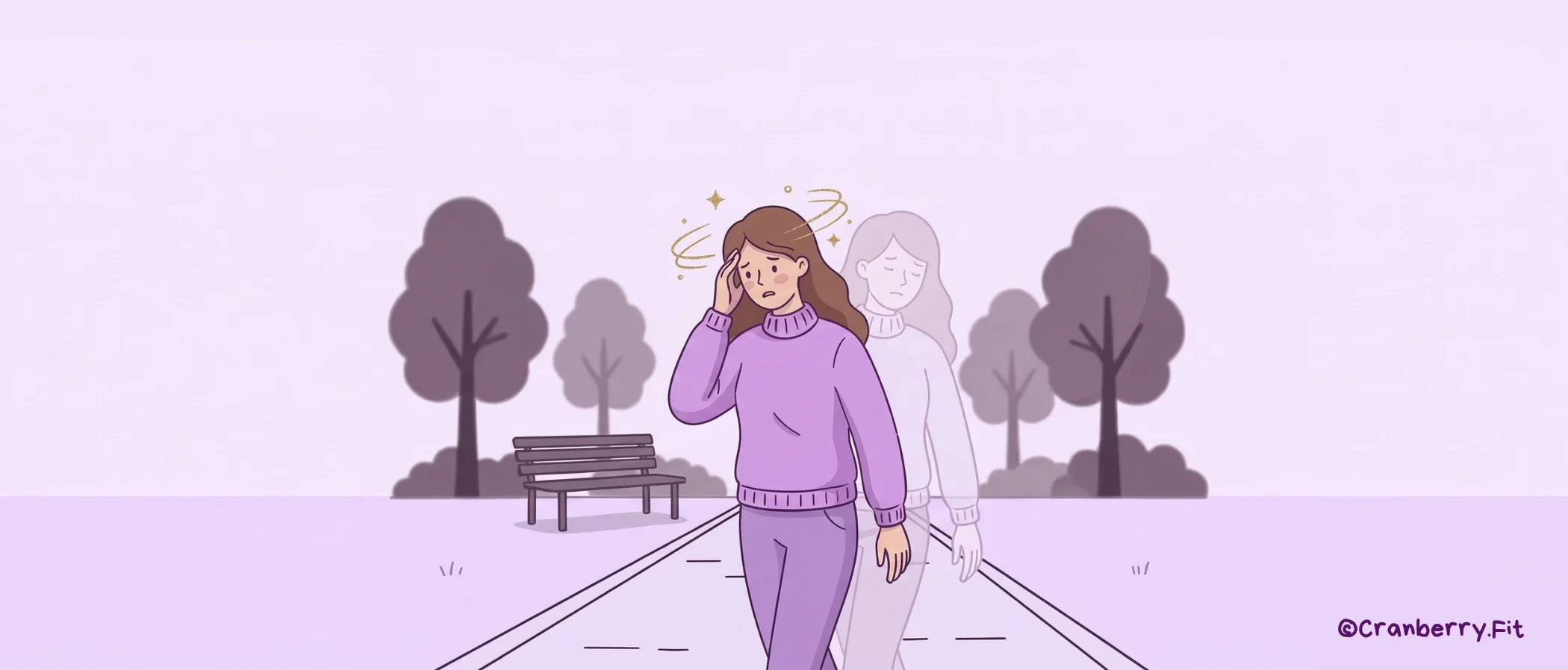 An illustrated woman walks with her head down, looking dizzy as she moves along the street.