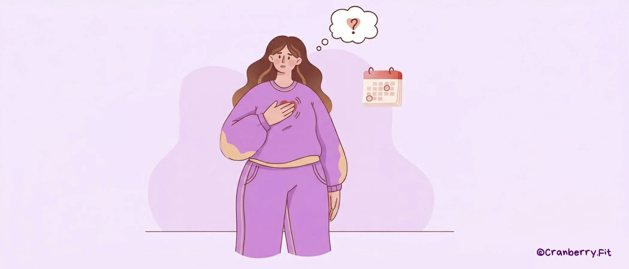 An illustrated women wondering if her heart palpitations are connected to her menstrual cycle.