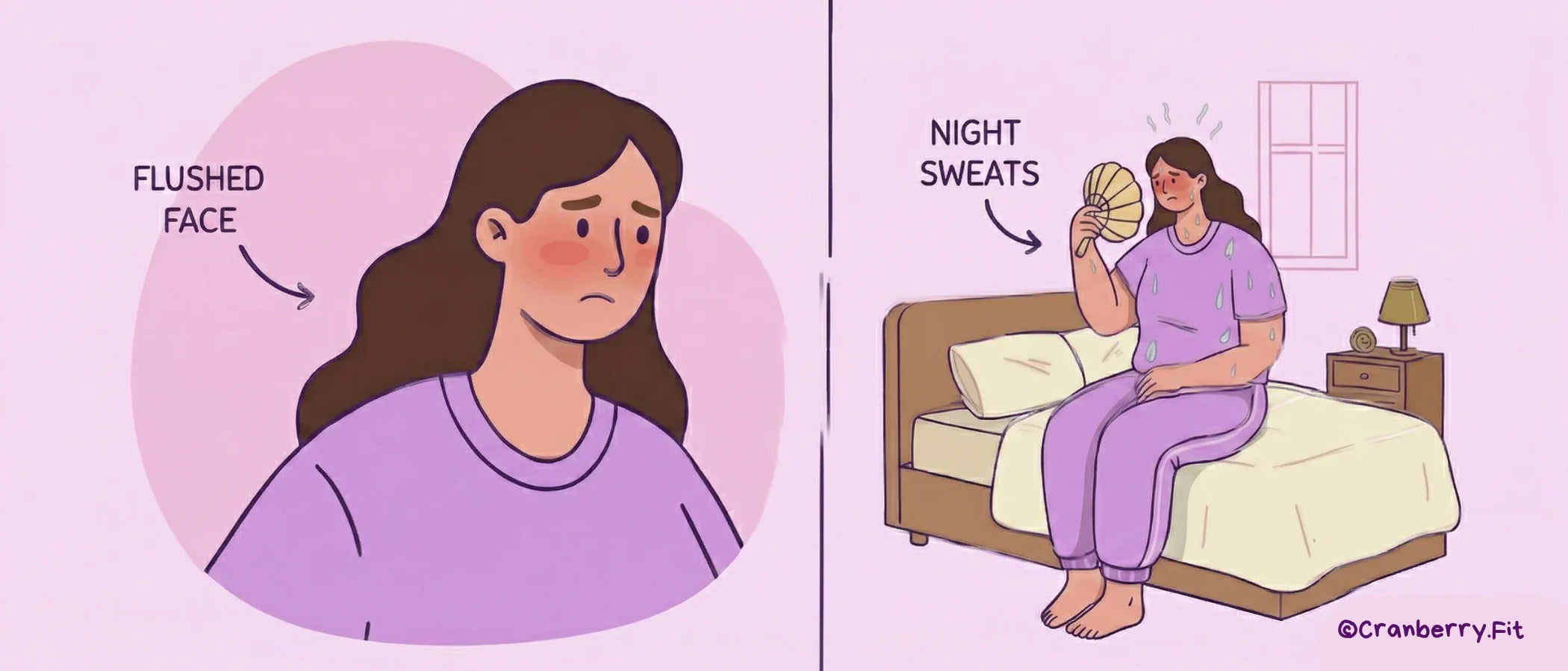 Illustration of a woman facing discomfort from hot flashes and night sweats.