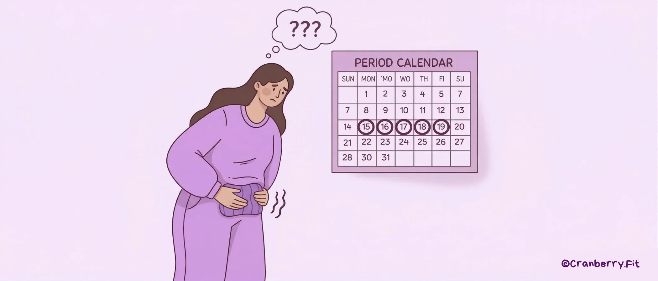 Illustrated woman in discomfort with a heating pad, staring at a calendar, questioning her missed period and related symptoms.