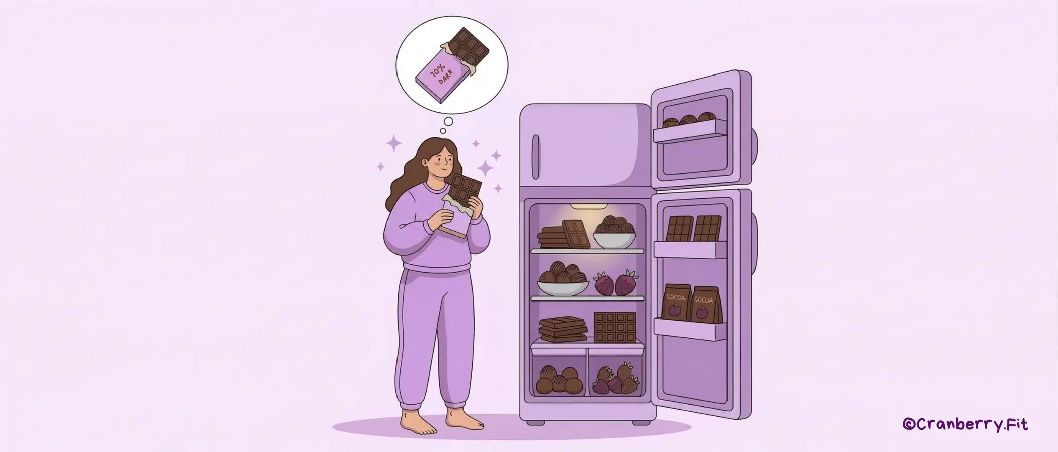 An illustration of a woman looking at an open refrigerator that contains several chocolate products.