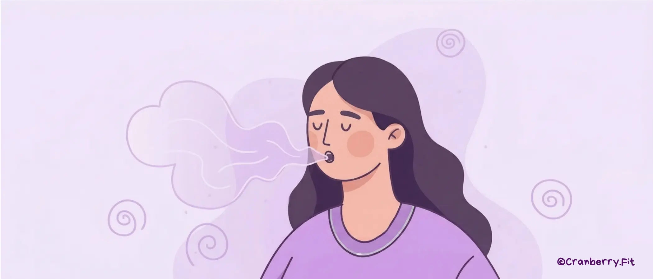 An illustrated woman performing deep inhalation and exhalation. 