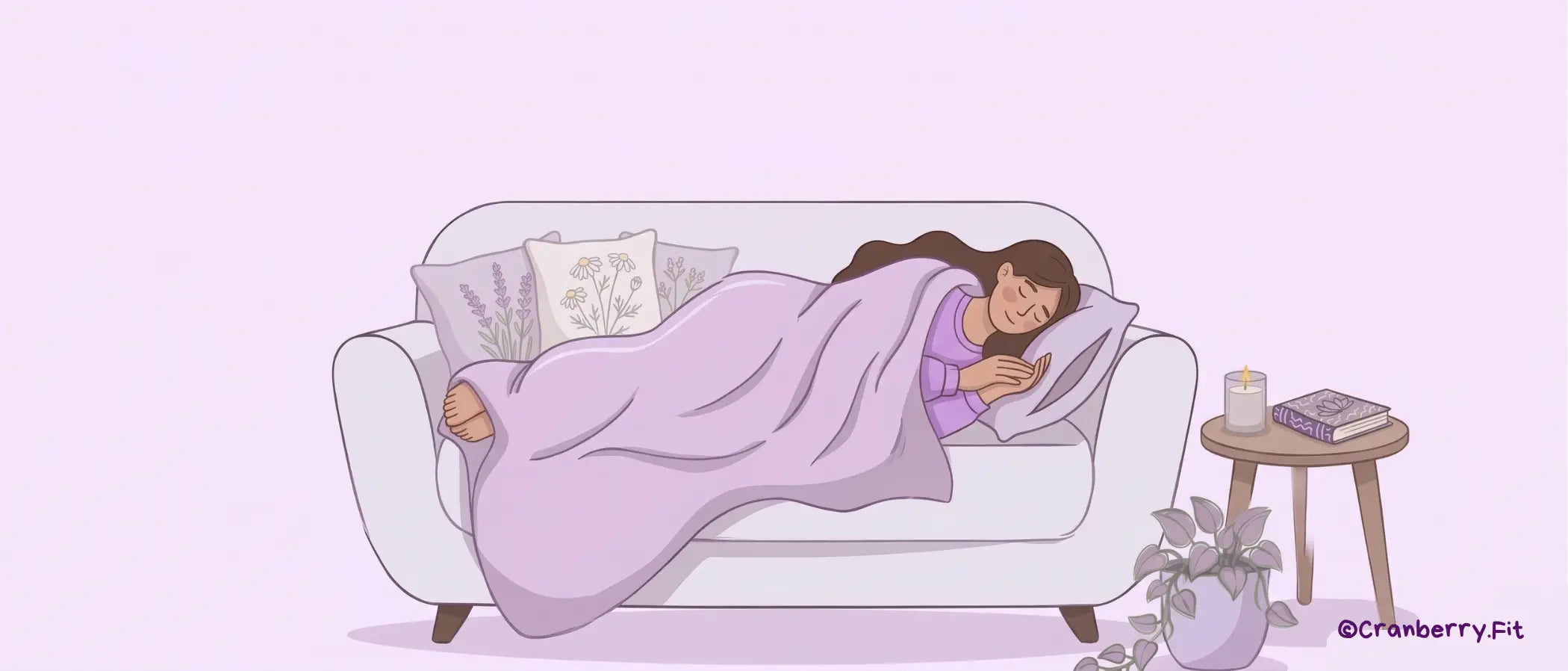 An illustration of a woman peacefully resting on a couch.