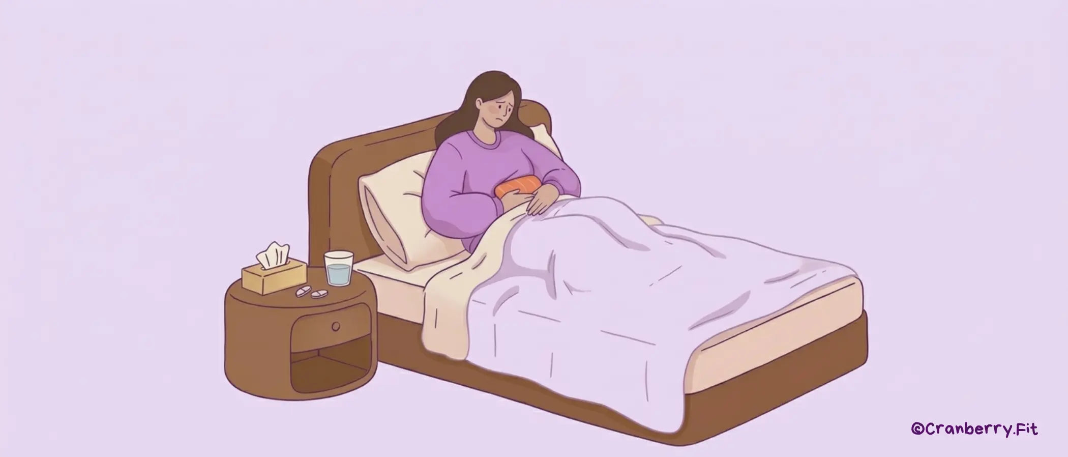 An illustration of a woman lying in bed with a hot water bag on her lower abdomen.
