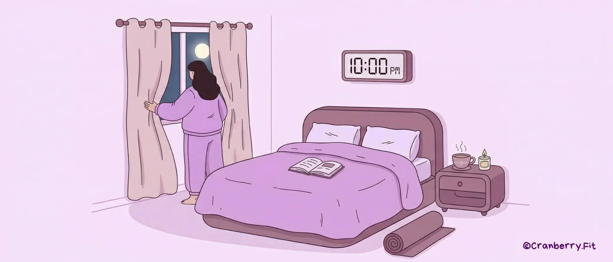 Illustration of a woman closing the curtains and preparing for relaxing activities before sleep such as reading, stretching, and drinking chamomile tea.