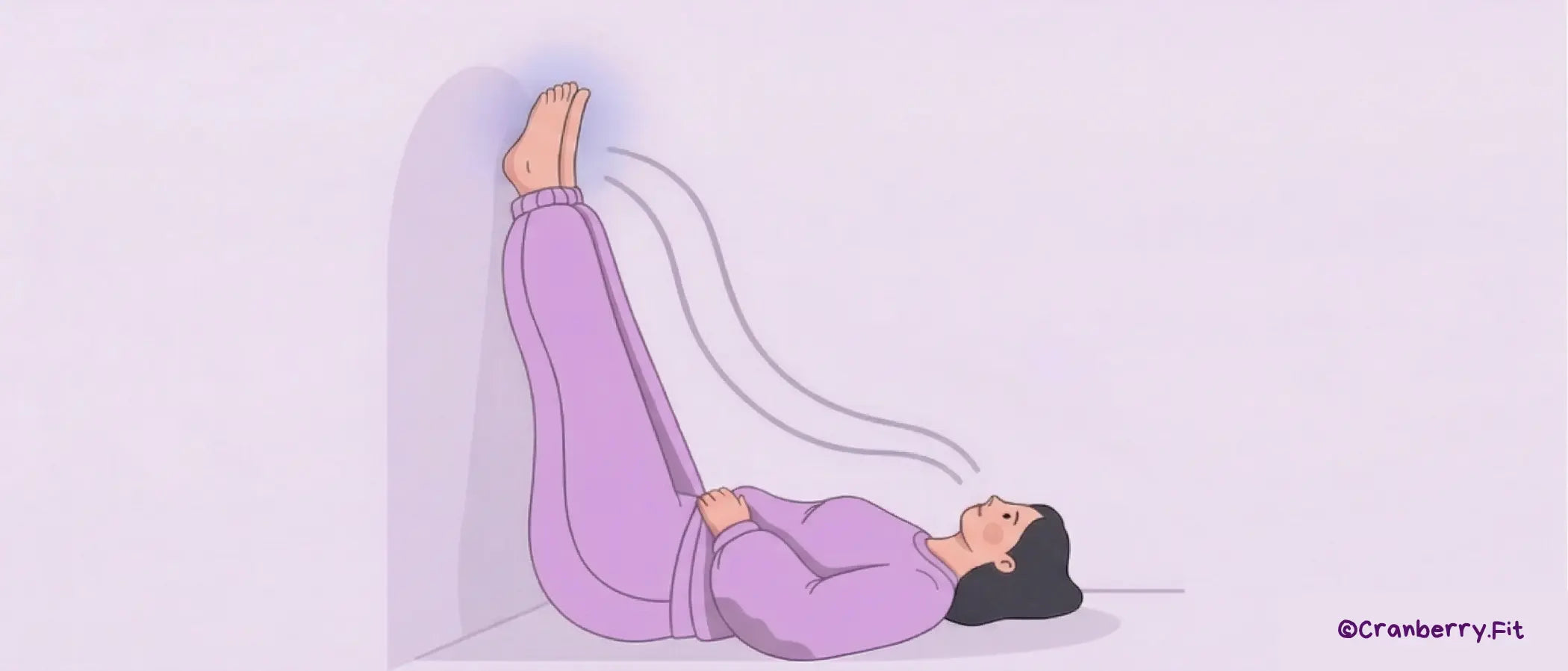 An illustrated woman performing the legs up the wall pose, lying on her back with her legs elevated.
