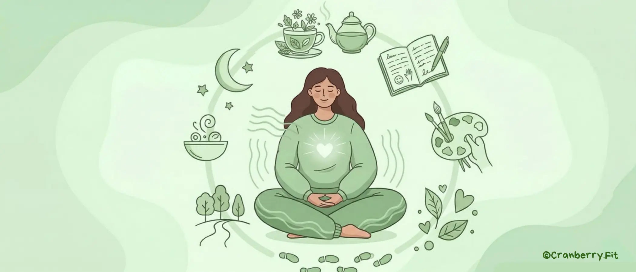 An illustration of a woman meditating, surrounded by wellness elements, including journaling, art, nature, rest, food, and warm drinks to manage PMS mood swings.