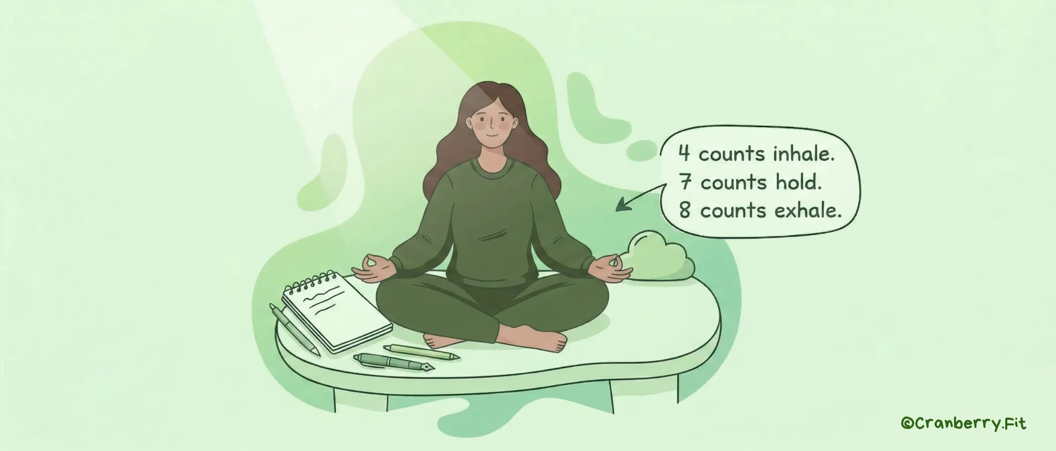 Illustration of a woman in a meditation pose, practising 4-7-8 breathing for managing PMS and menstrual discomfort.