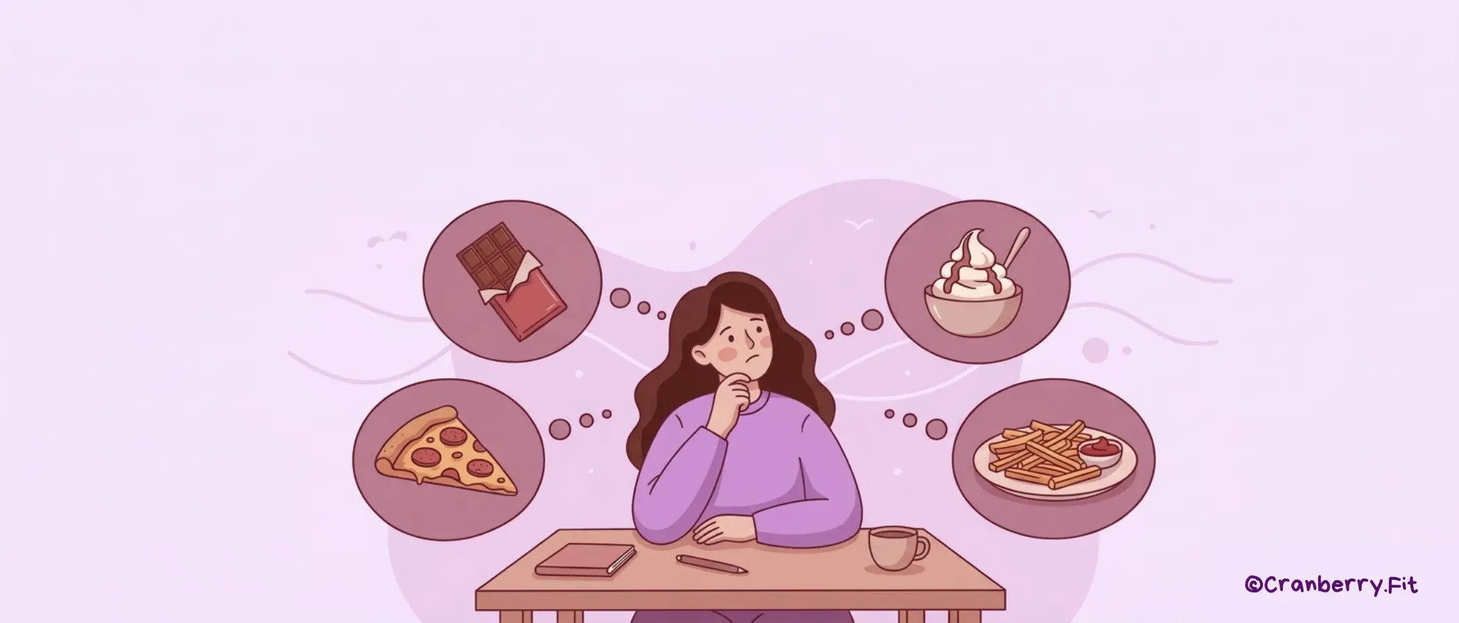 A woman sits at a table surrounded by various foods, contemplating her cravings for pizza, fries, chocolate, and ice cream.