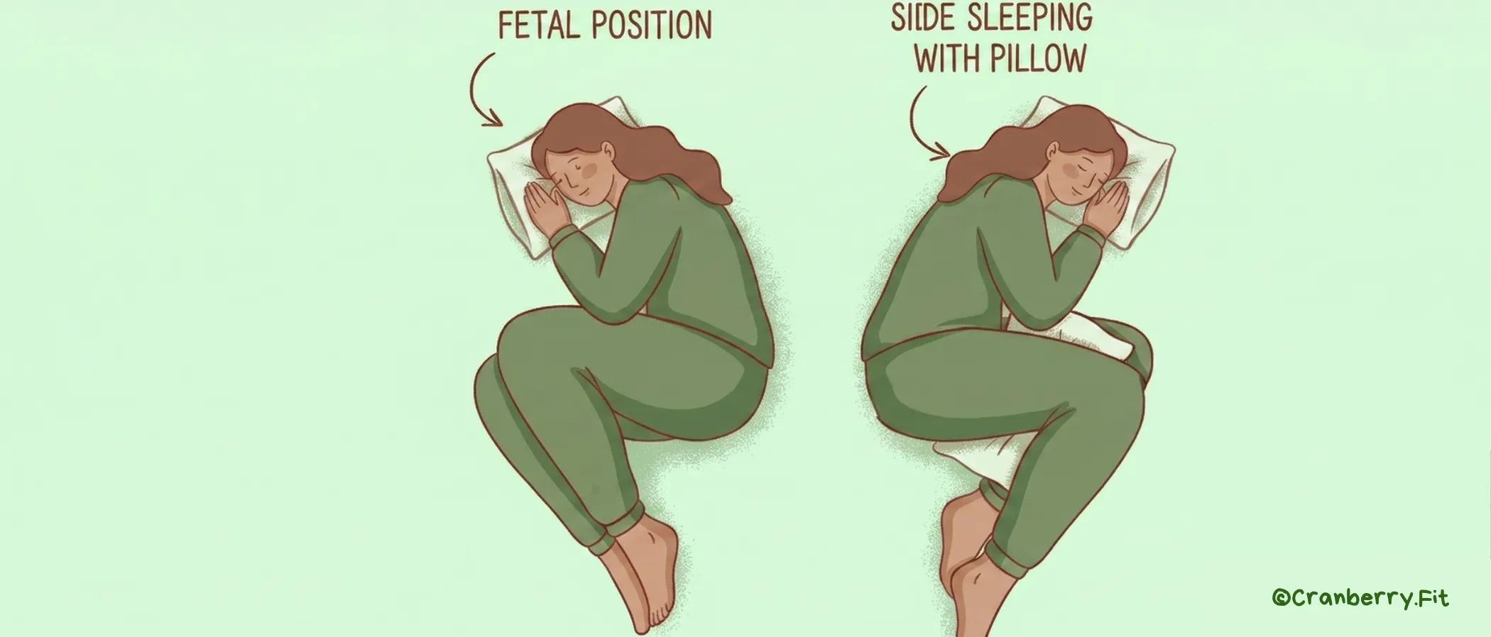 Illustration shows two women resting, one in a fetal position and the other in a side sleeping position with a pillow between her legs.