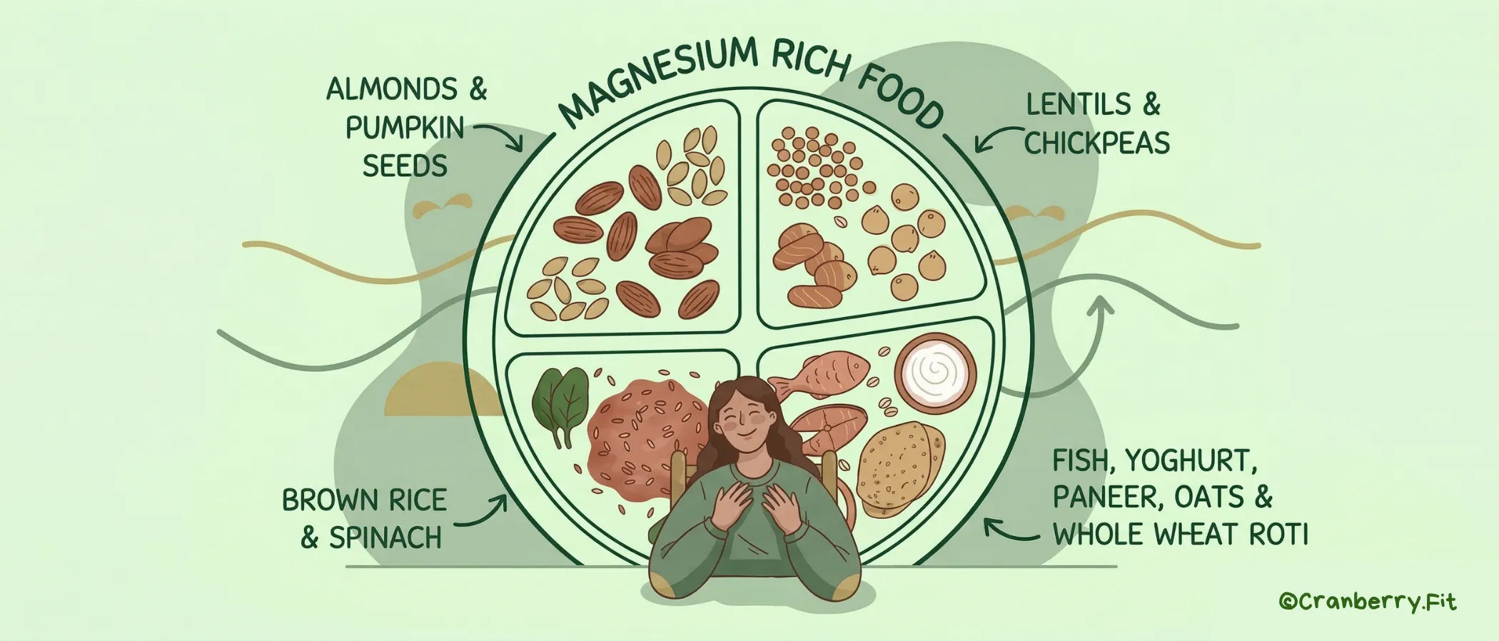 An illustration of a woman with a magnesium-rich food plate.