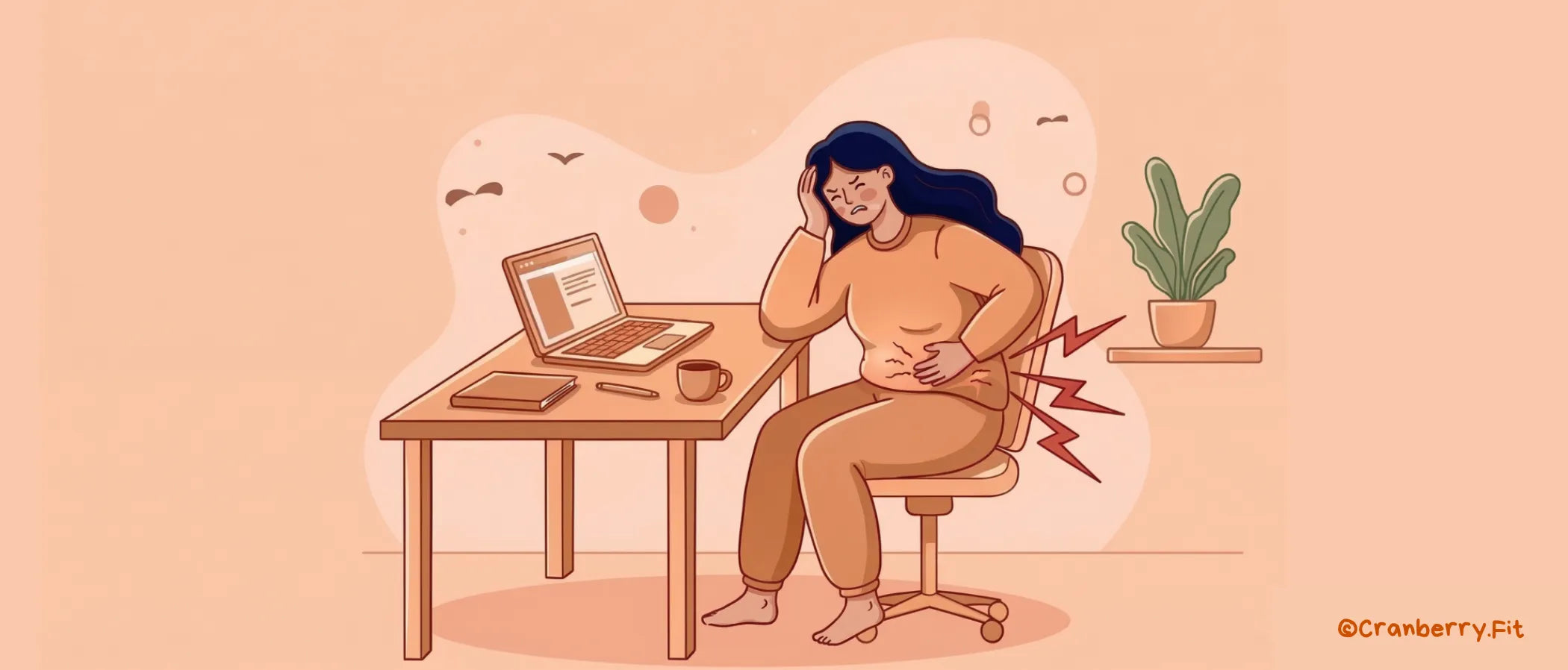 A woman at her desk with a laptop, showing signs of discomfort from ovulation pain.