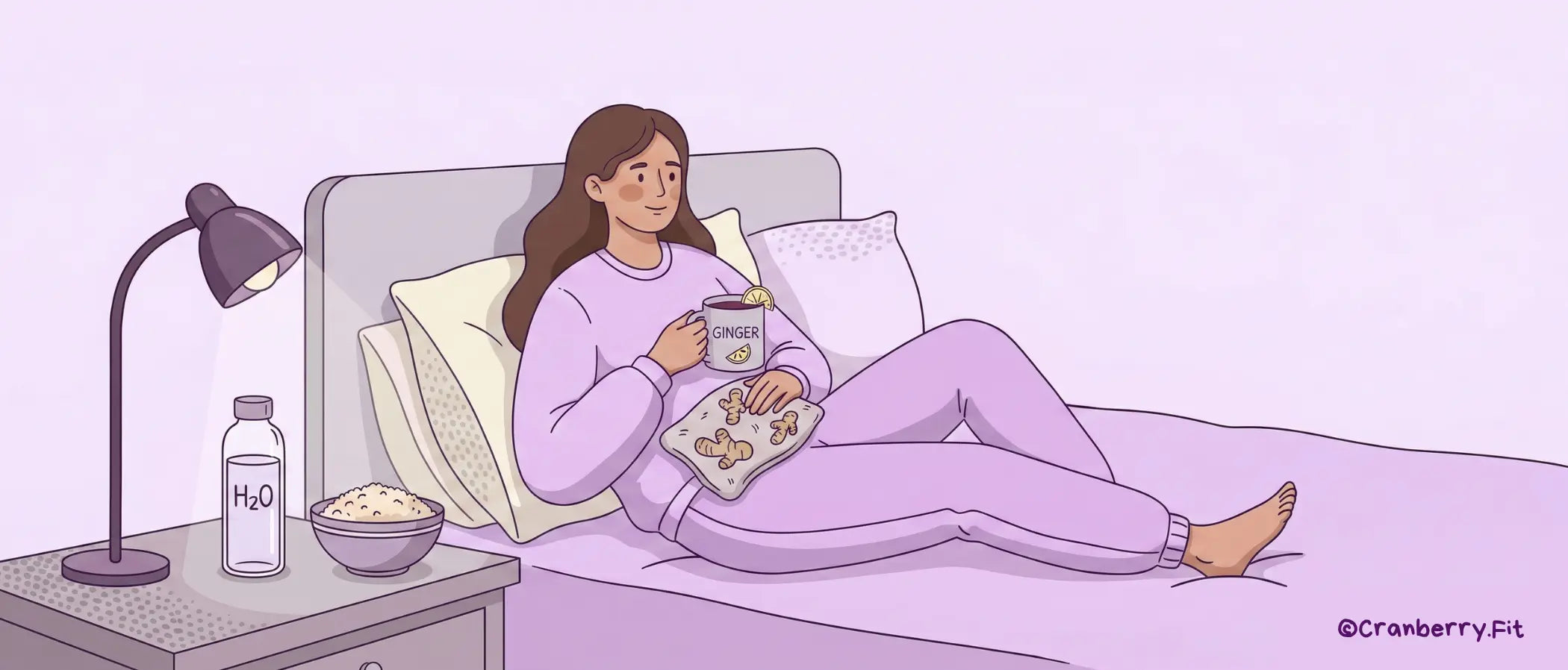 An illustration of a woman relaxing on bed, while sipping on ginger tea to prevent nausea during periods.