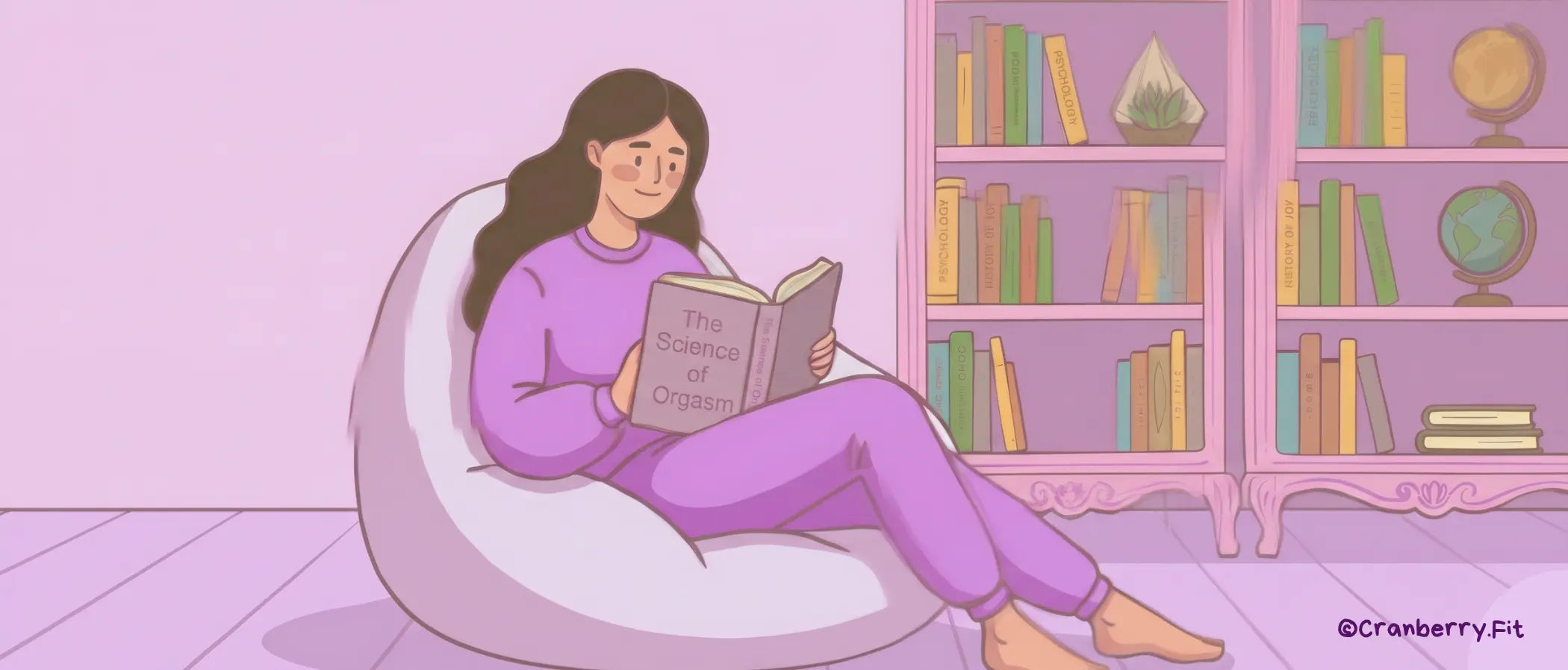 Illustration of a woman reading a book titled "The Science of Orgasm". 