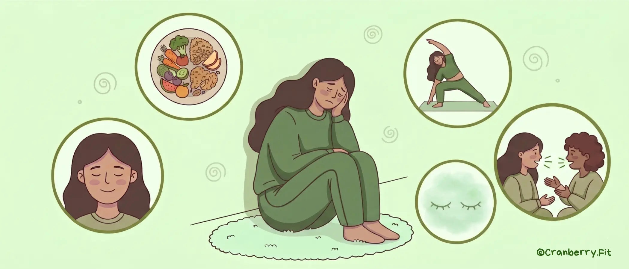 Illustration of a woman on the floor, appearing sad, with uplifting symbols nearby: balanced meals, meditation, and social connections.