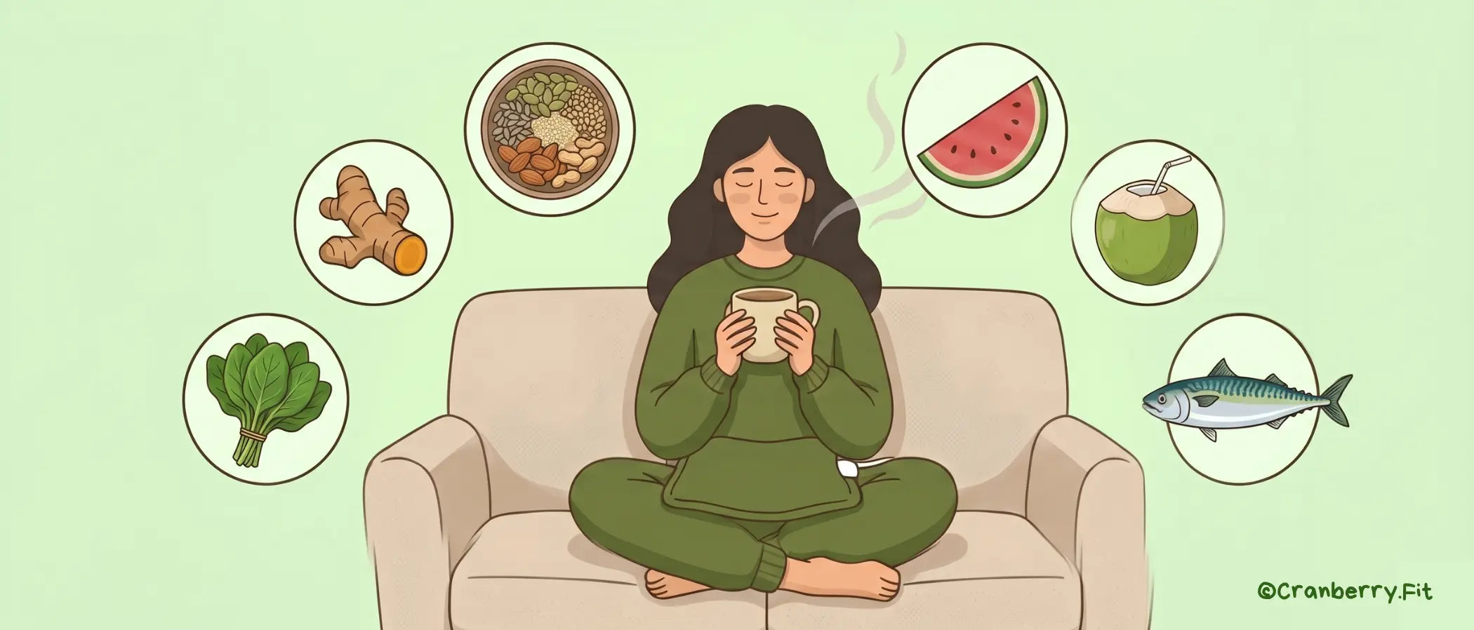 An illustration of a woman seated on a sofa sipping on a warm drink, surrounded by healthy food options like spinach, ginger, nuts and seeds, watermelon, coconut water, and fatty fish.