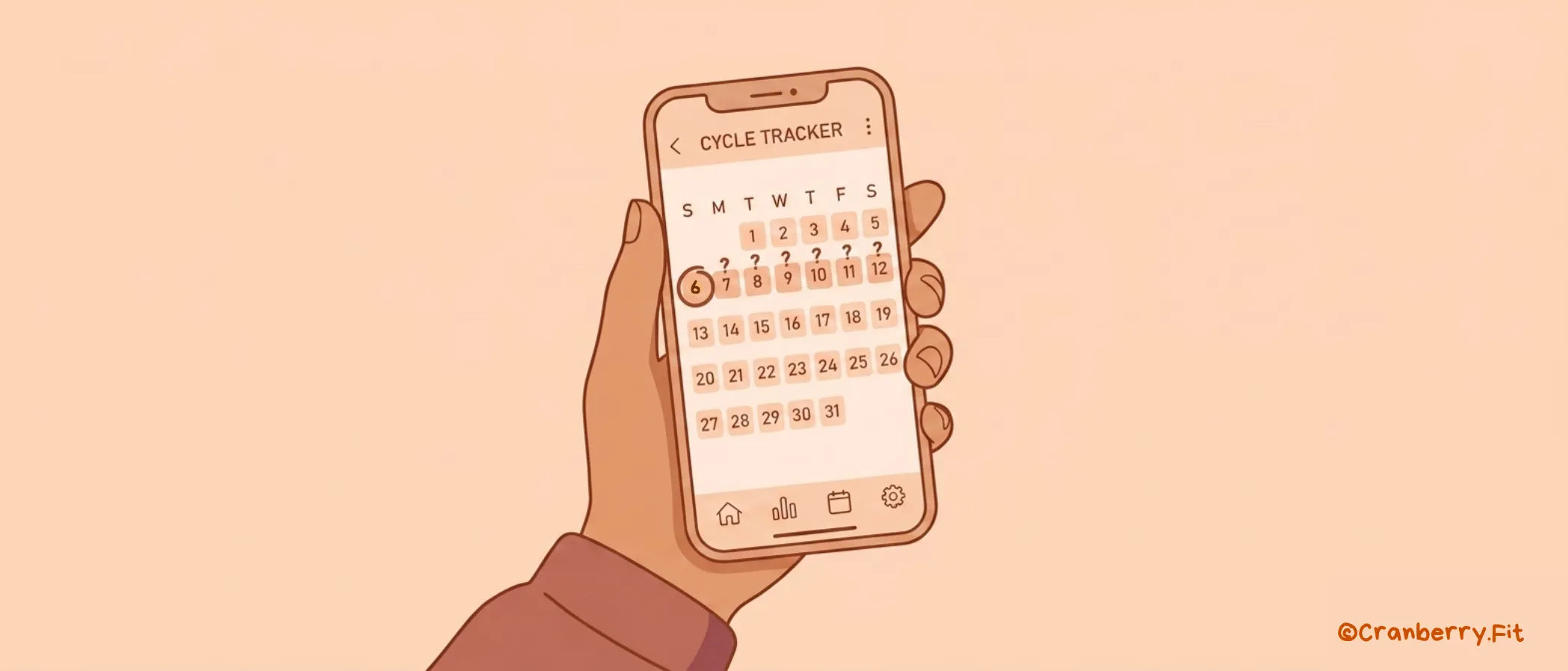 An illustration of a woman holding a mobile phone displaying a cycle tracker app, showing a late period.