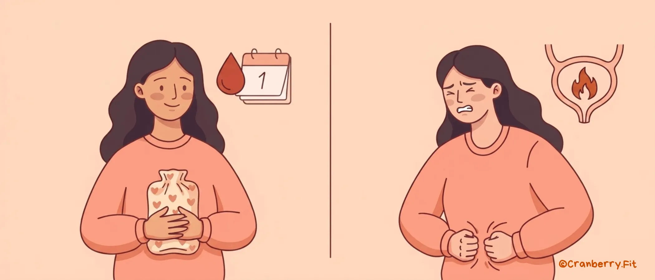  An illustration shows a woman with a hot water bag for menstrual cramps and another holding her stomach, indicating UTI pain.