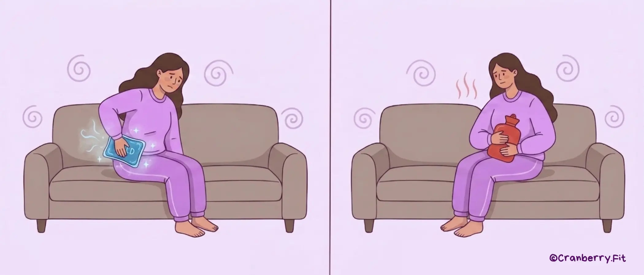 An illustrated visual guide showing a woman using cold compress versus heat compress. 