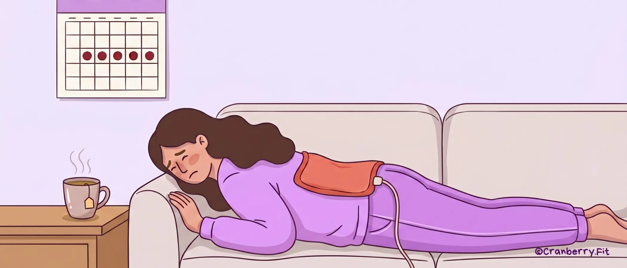 An illustration of a woman lying on a couch with a heating pad on her lower back.