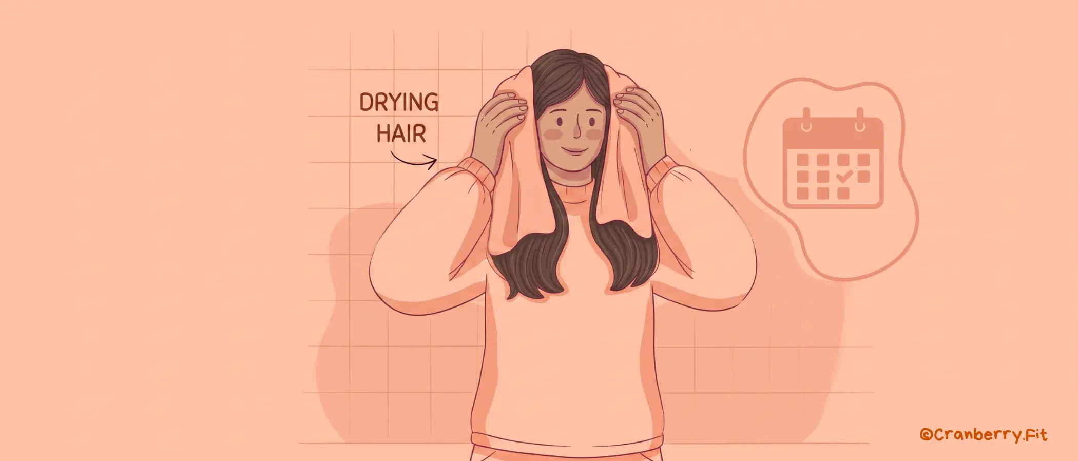 An illustration of a woman drying her hair after a hair wash during periods. 