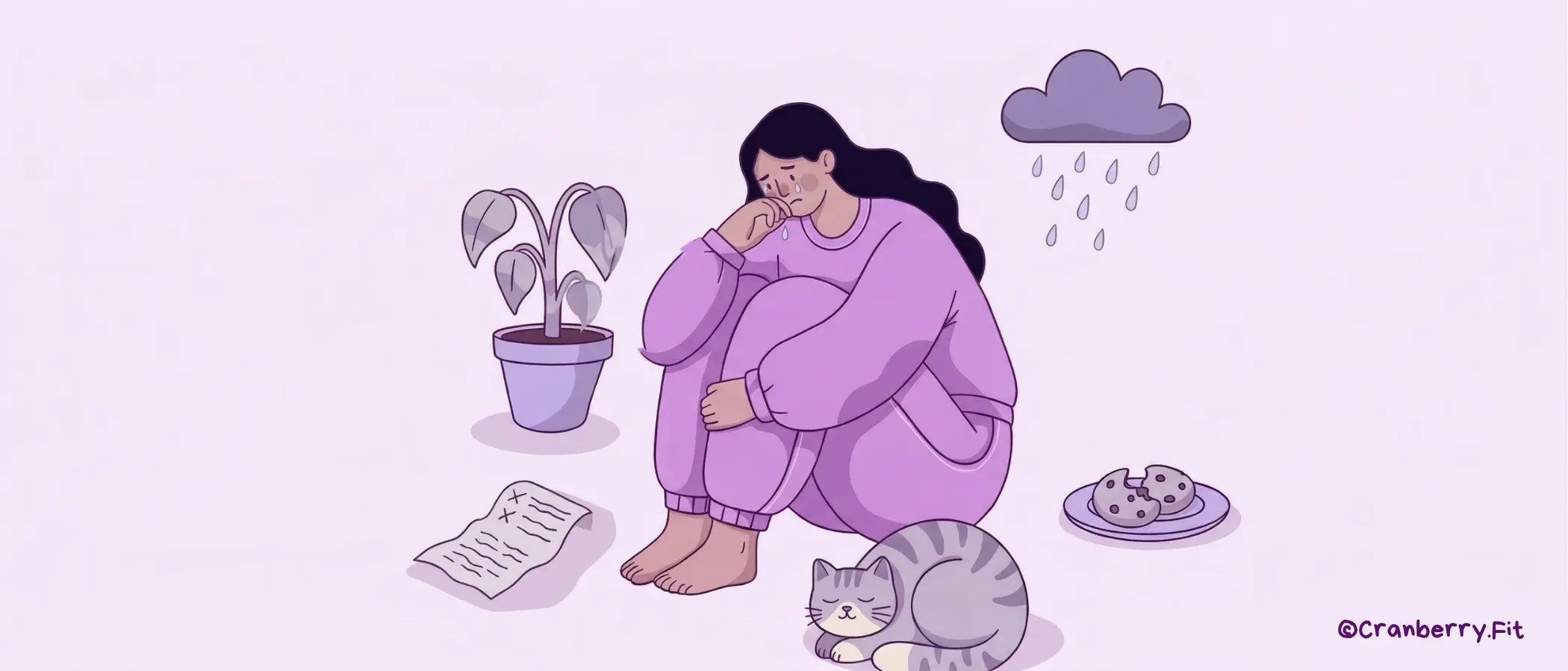 An illustrated woman sitting on the floor, overwhelmed, with a cat, wilted plant, rain, broken cookie, and a long to-do list.