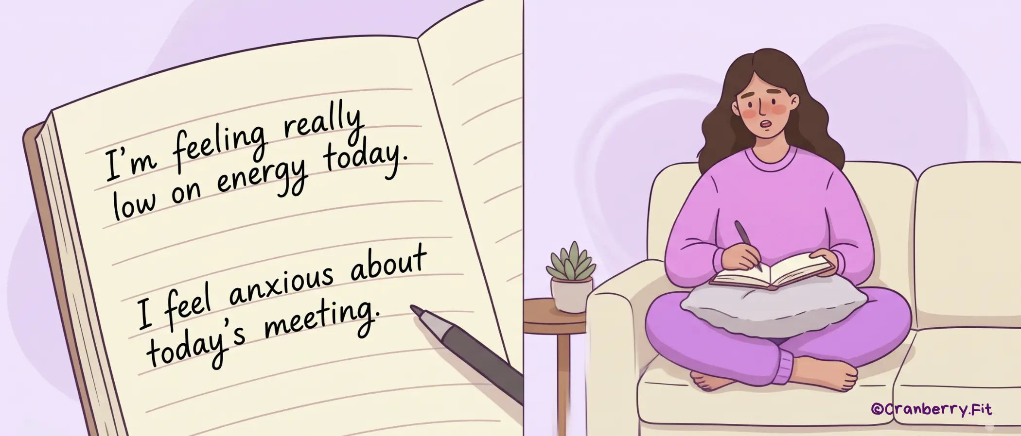 An illustration of a woman on a couch, journaling her anxious thoughts.