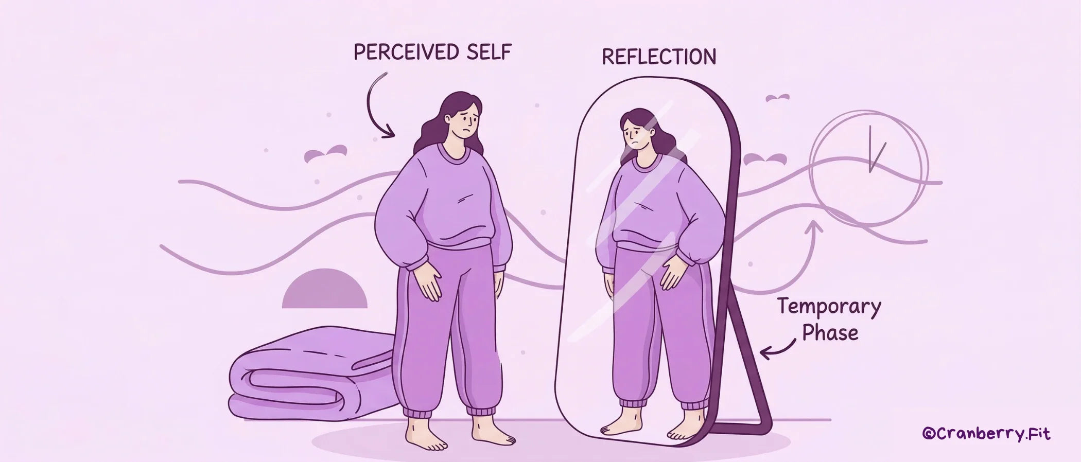 An illustrated woman looking at herself in the mirror, wondering if she has gained weight before her periods. 