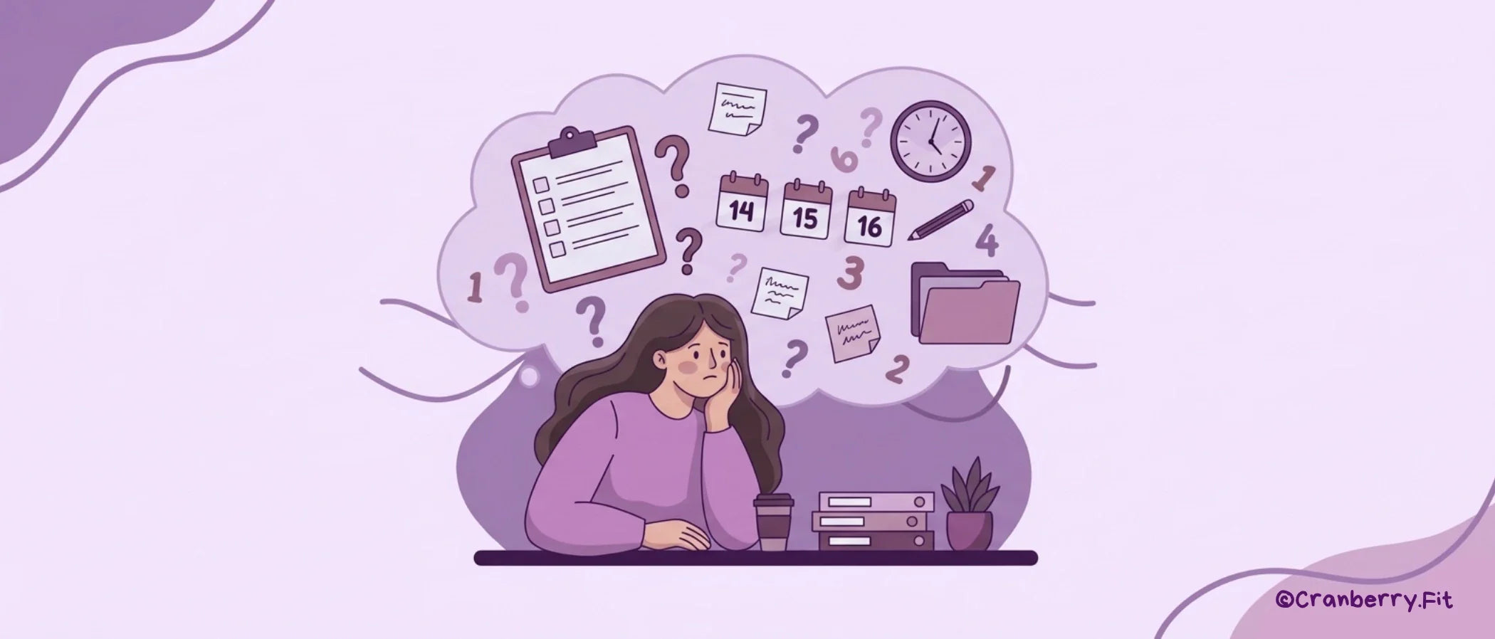 Illustration of a woman with a cloud of floating tasks above her, symbolizing brain fog.