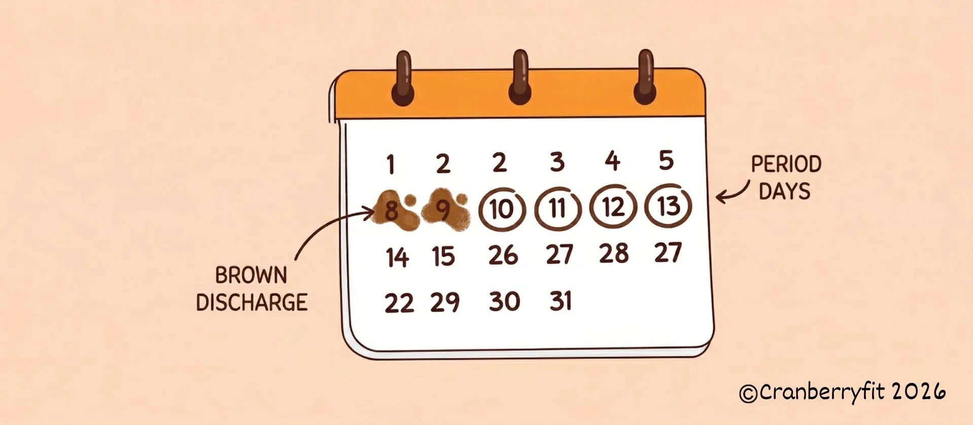 Illustration of a calendar highlighting brown discharge days at the beginning of a period.