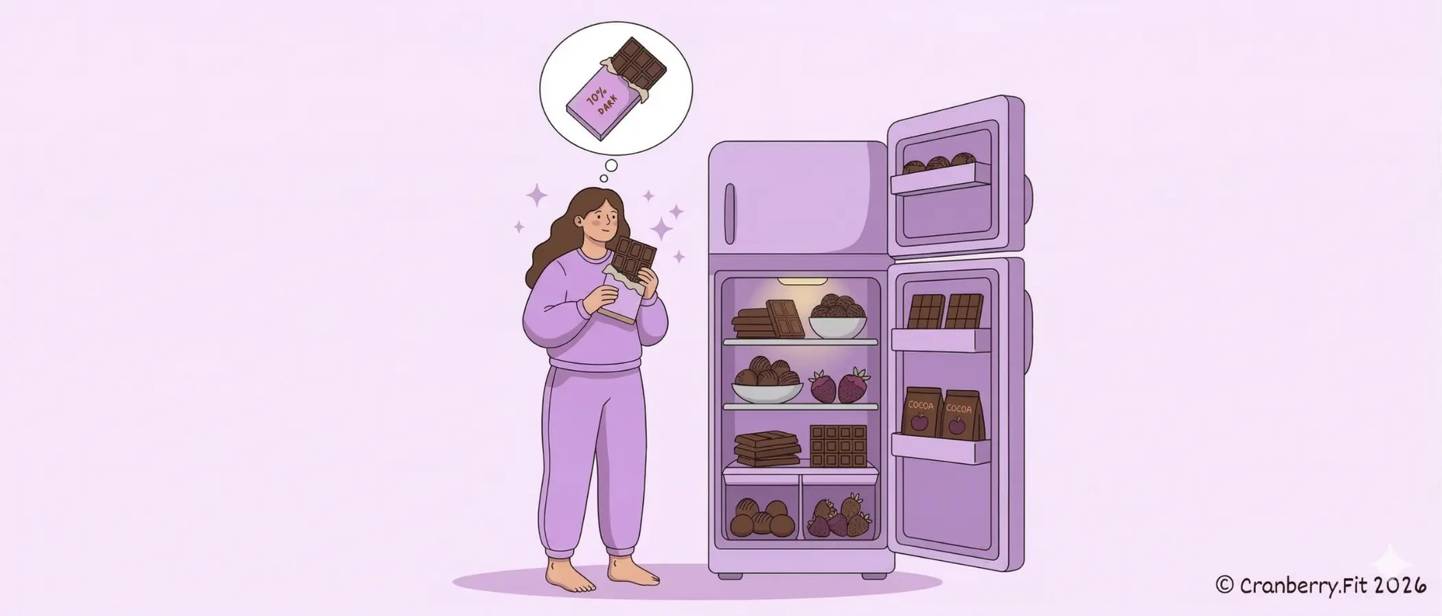 An illustration of a woman looking at an open refrigerator that contains several chocolate products.