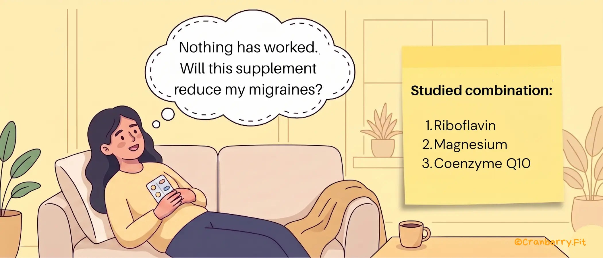 Illustration of a woman contemplating the effectiveness of magnesium, riboflavin, and coenzyme Q10 for migraine relief.