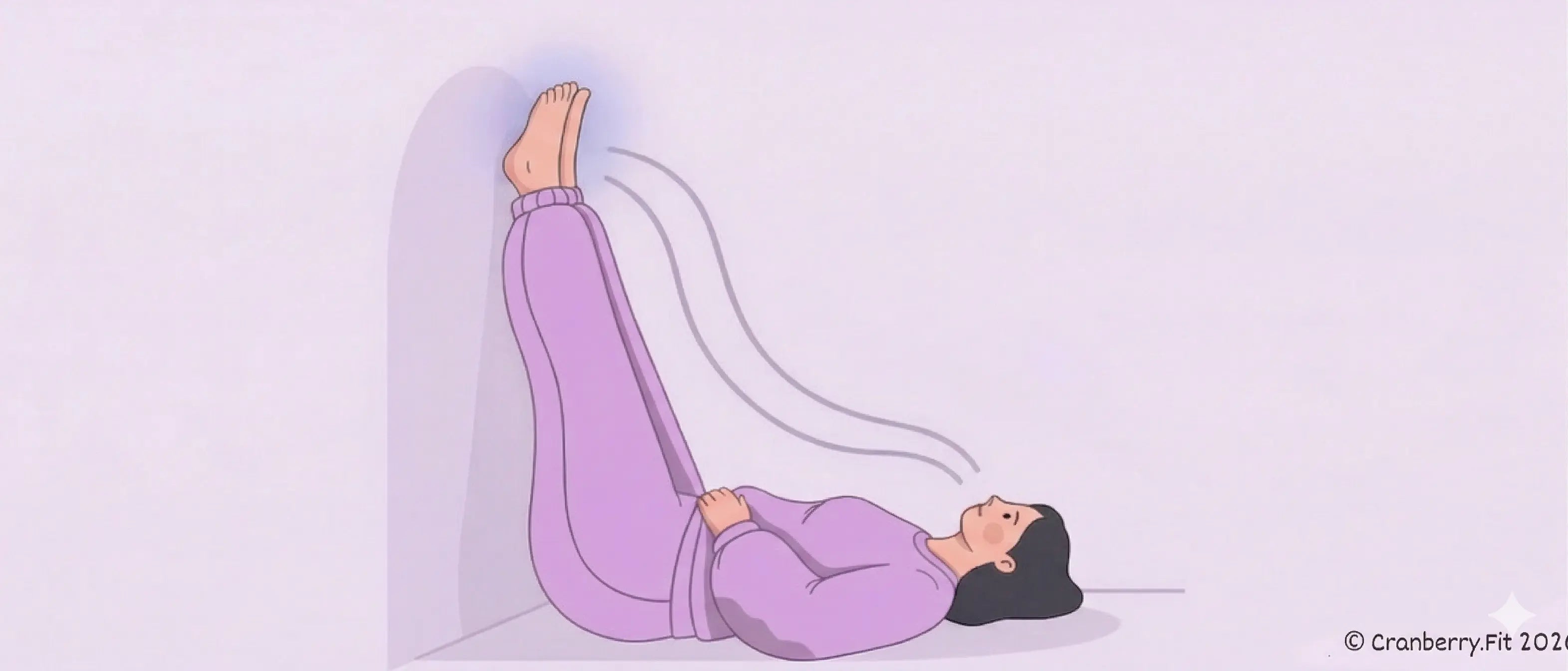 An illustrated woman performing the legs up the wall pose, lying on her back with her legs elevated.