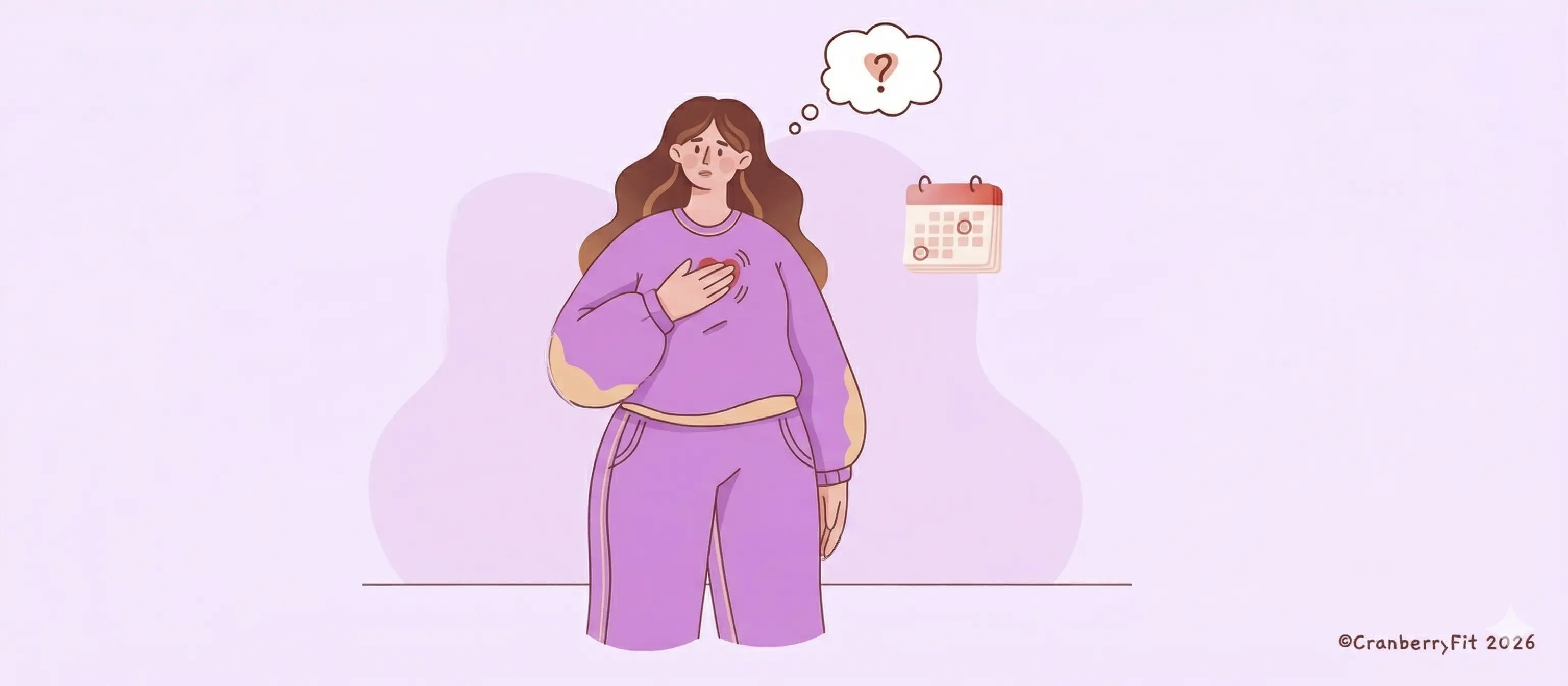 An illustrated women wondering if her heart palpitations are connected to her menstrual cycle.