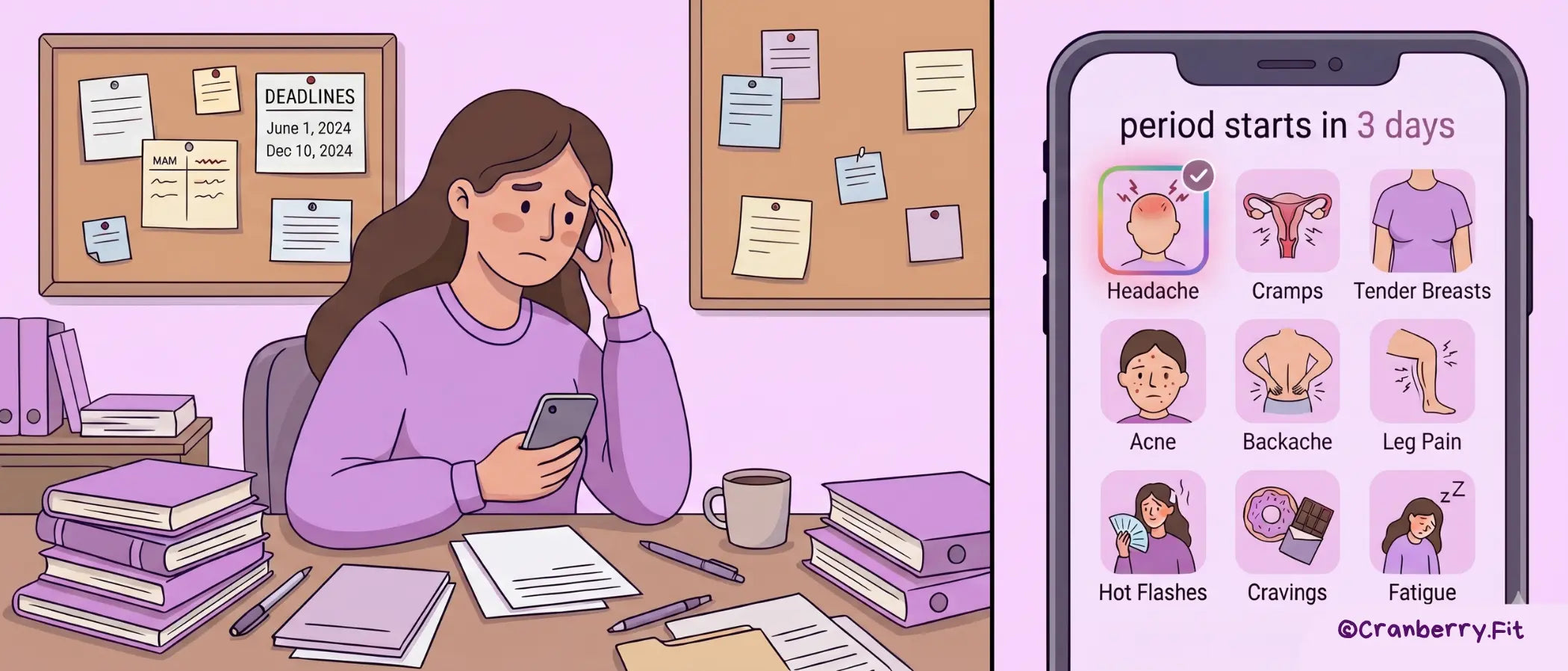 Illustration of a woman sitting at her desk, using her phone to log headaches related to PMS in a period tracking app.