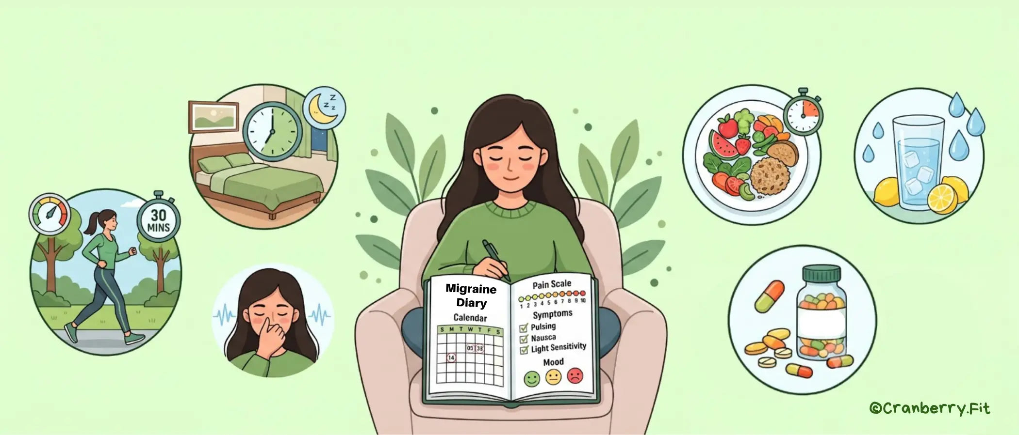 Illustration of a woman filling her migraine diary, surrounded by lifestyle strategies like exercise, sleep, meals, hydration, and stress management.