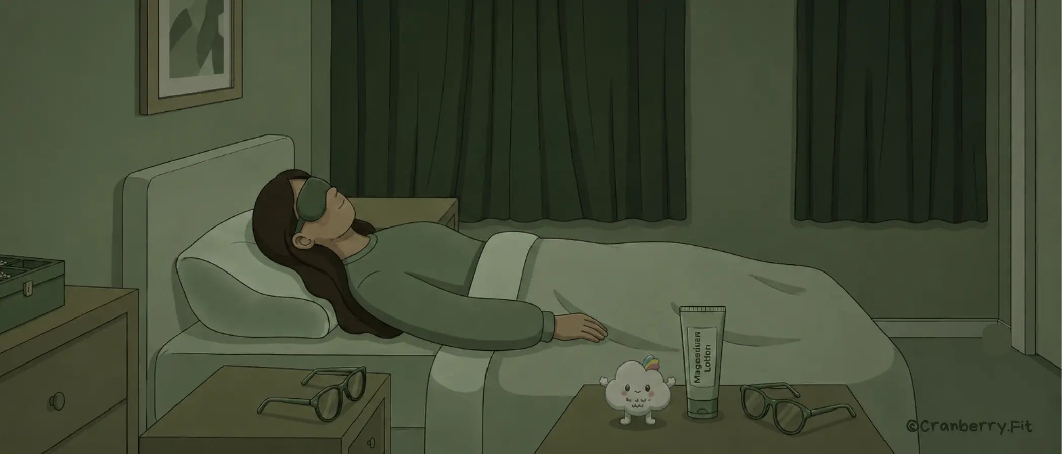 Illustration of a woman resting on a migraine pillow in a dark room, wearing an eye mask, with a breathing device, magnesium lotion, and FL-41 glasses on her side table.
