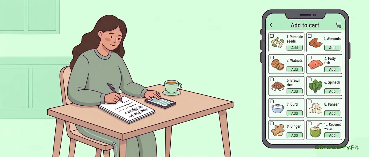 Illustration of a woman sitting at a table with a phone and notebook, focused on creating a food shopping list for migraine relief.