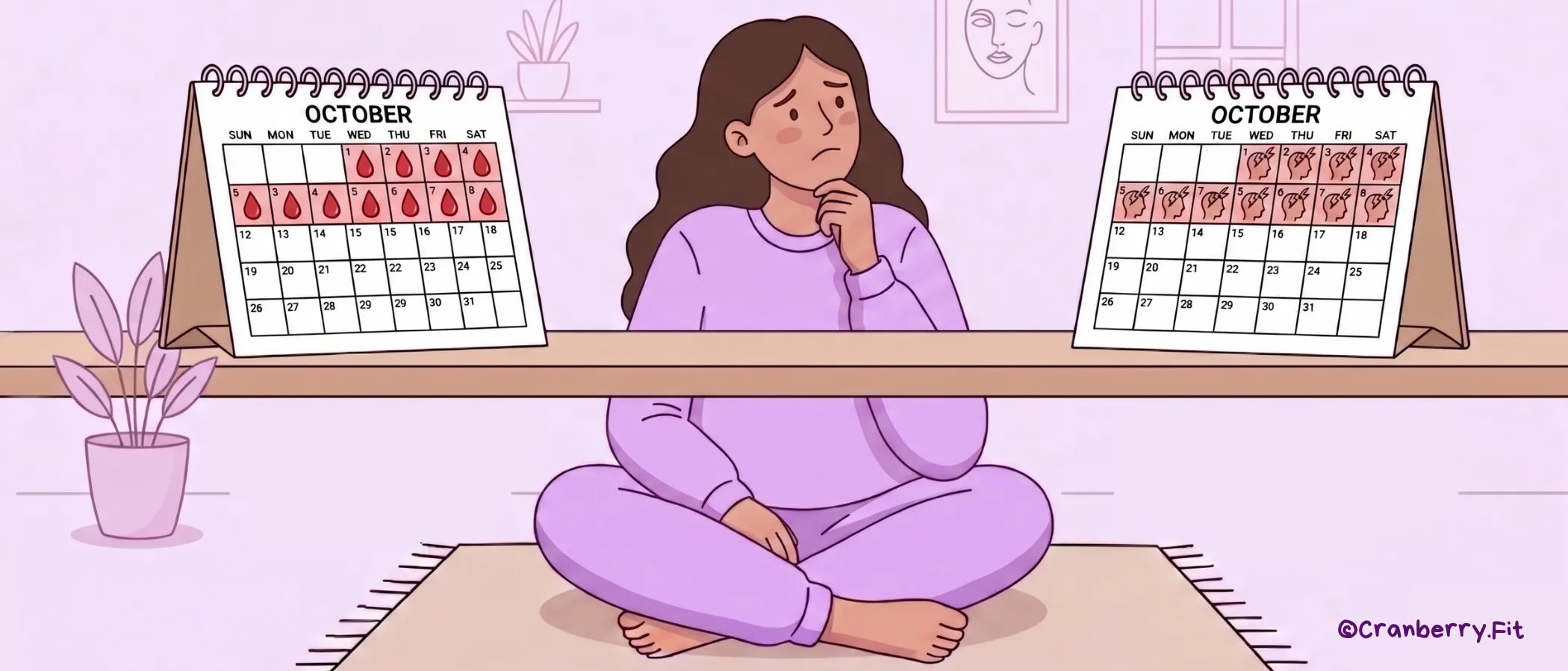Illustration of a woman sitting on the floor, contemplating the link between her heavy periods and migraine attacks, with a calendar.