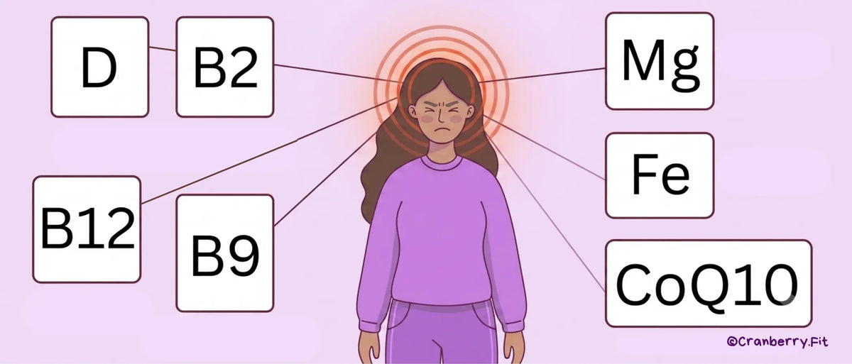 Central illustration of a woman suffering from a migraine, surrounded by icons indicating various nutritional deficiencies.