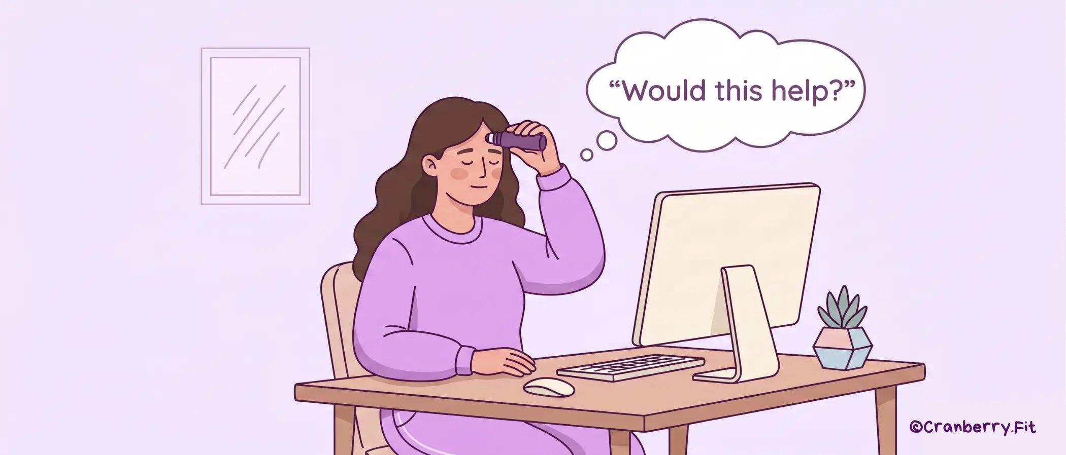 Illustration of a woman using migraine relief roll-on at her computer, pondering its potential to alleviate her headache.
