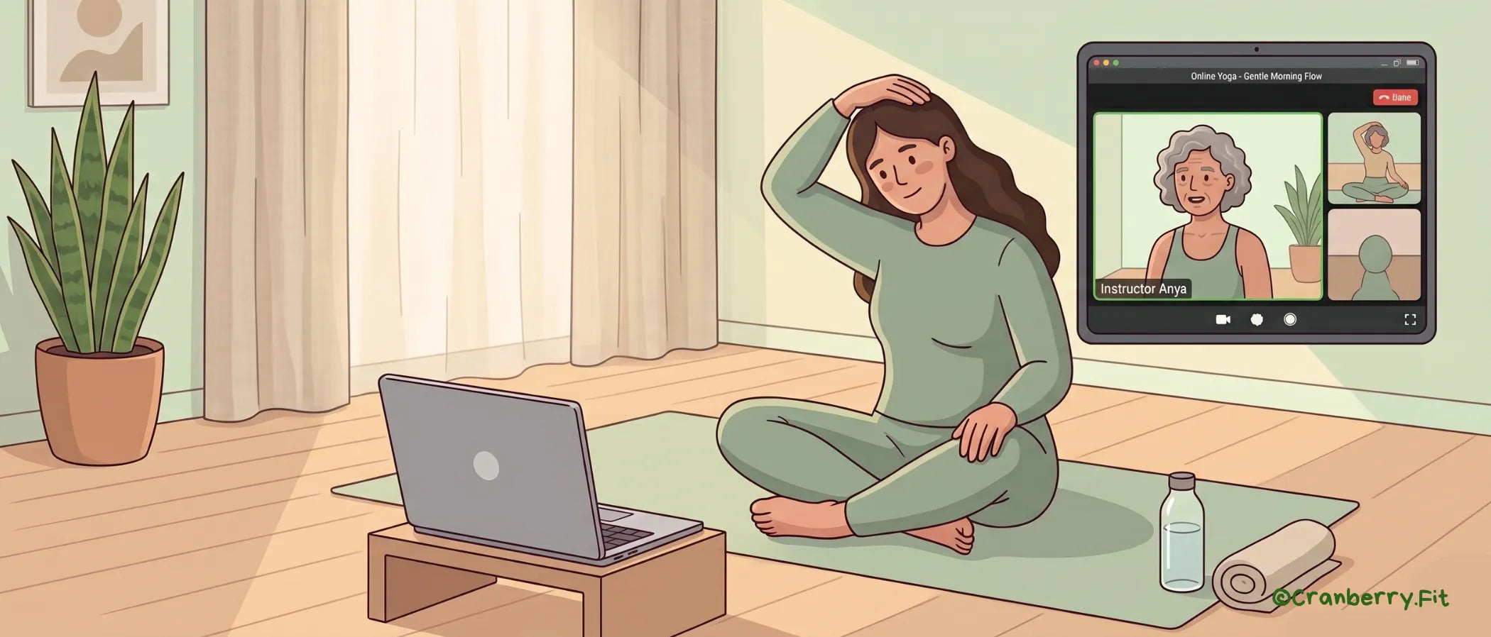 Illustration of a woman on the floor, using a laptop and tablet for an online yoga session.