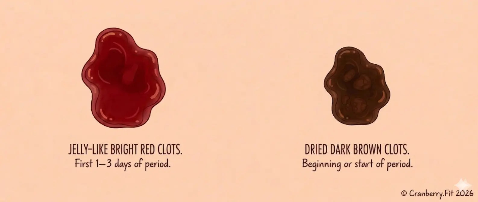 Illustrated infographic depicting two types of period blood clots, including jelly-like bright red clots and dried dark brown clots. 