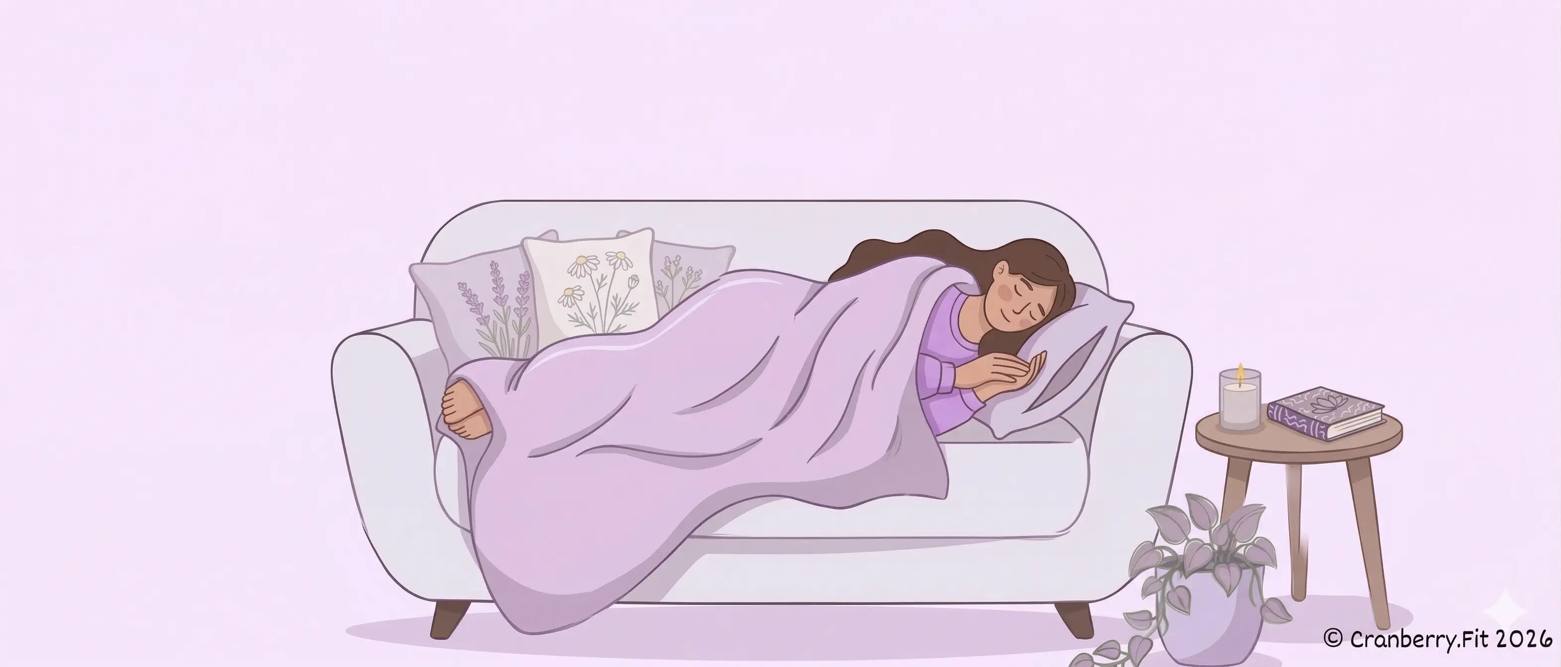 An illustrated woman peacefully sleeping on a couch, with a cozy blanket draped over her.