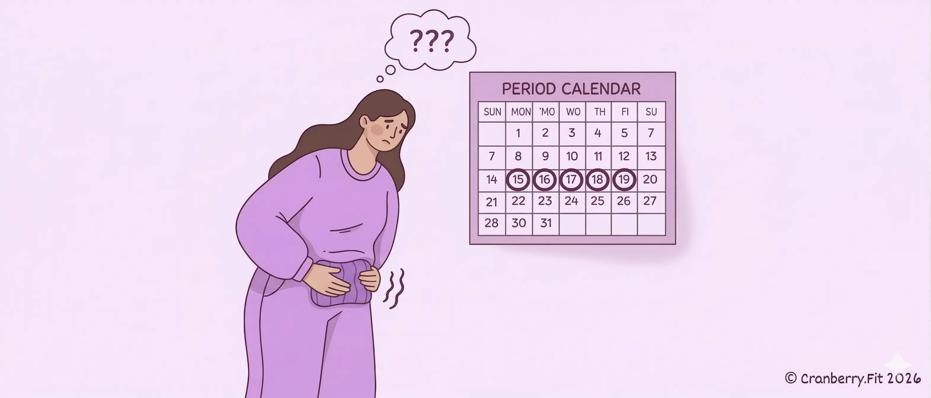 Illustrated woman in discomfort with a heating pad, staring at a calendar, questioning her missed period and related symptoms.