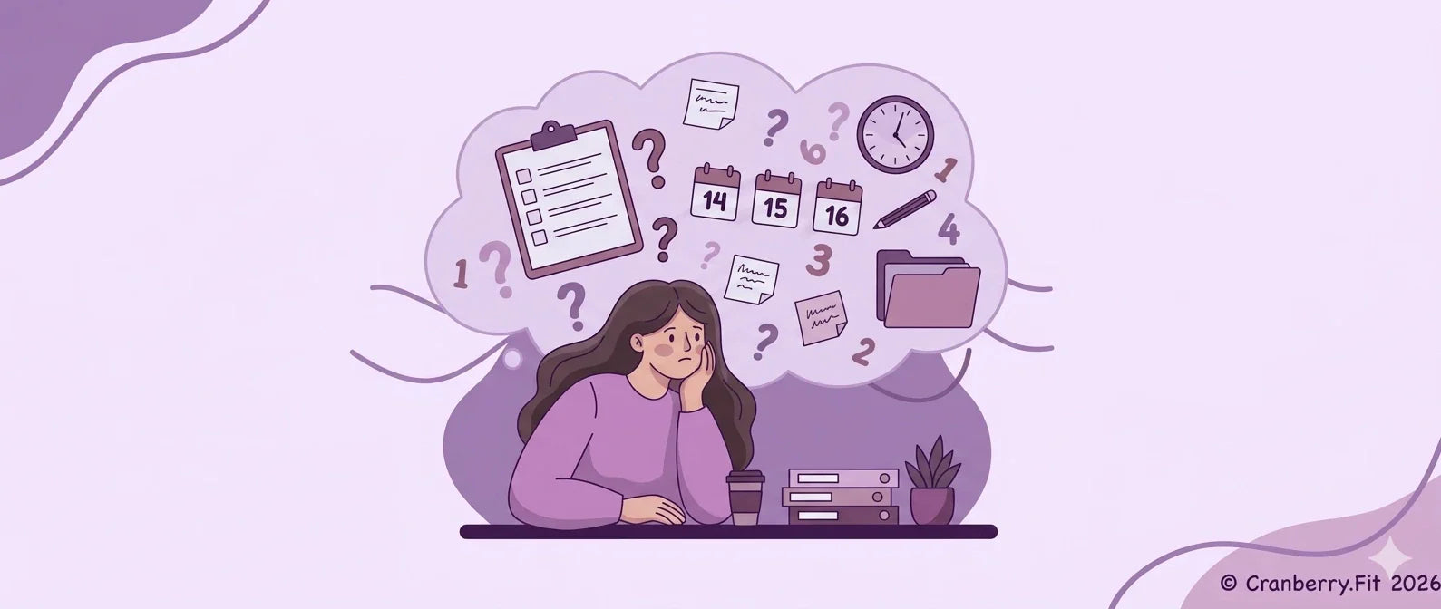 Illustration of a woman with a cloud of floating tasks above her, symbolizing brain fog.