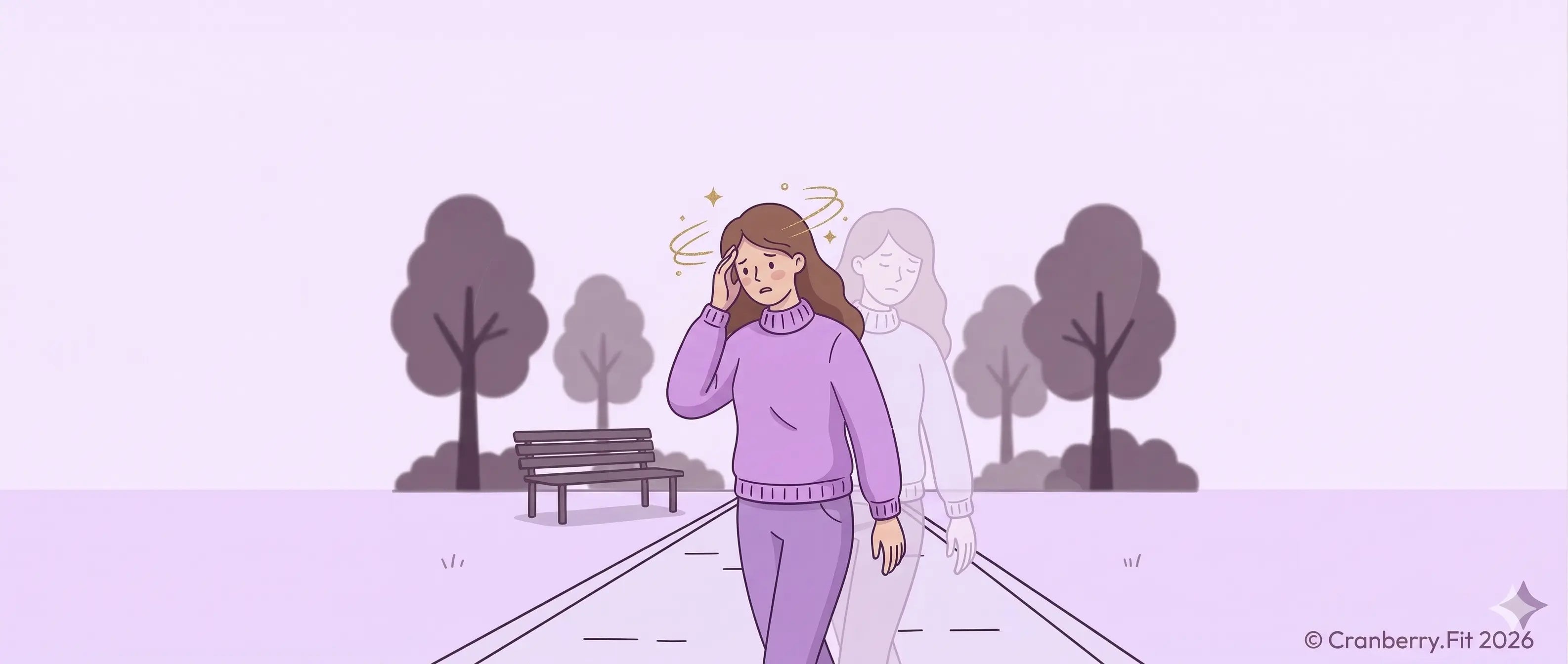 An illustrated woman walks with her head down, looking dizzy as she moves along the street.
