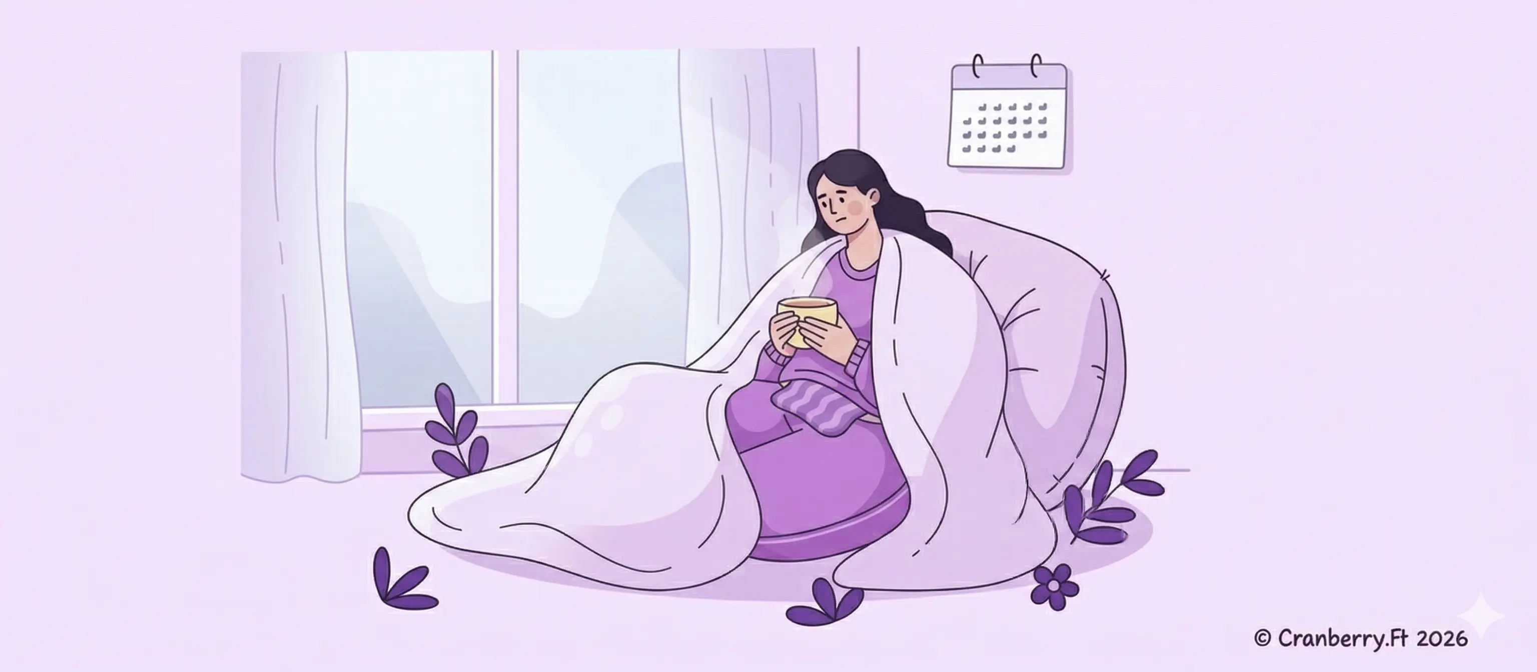 An illustrated woman resting with a warm cup of tea and a blanket covering her.