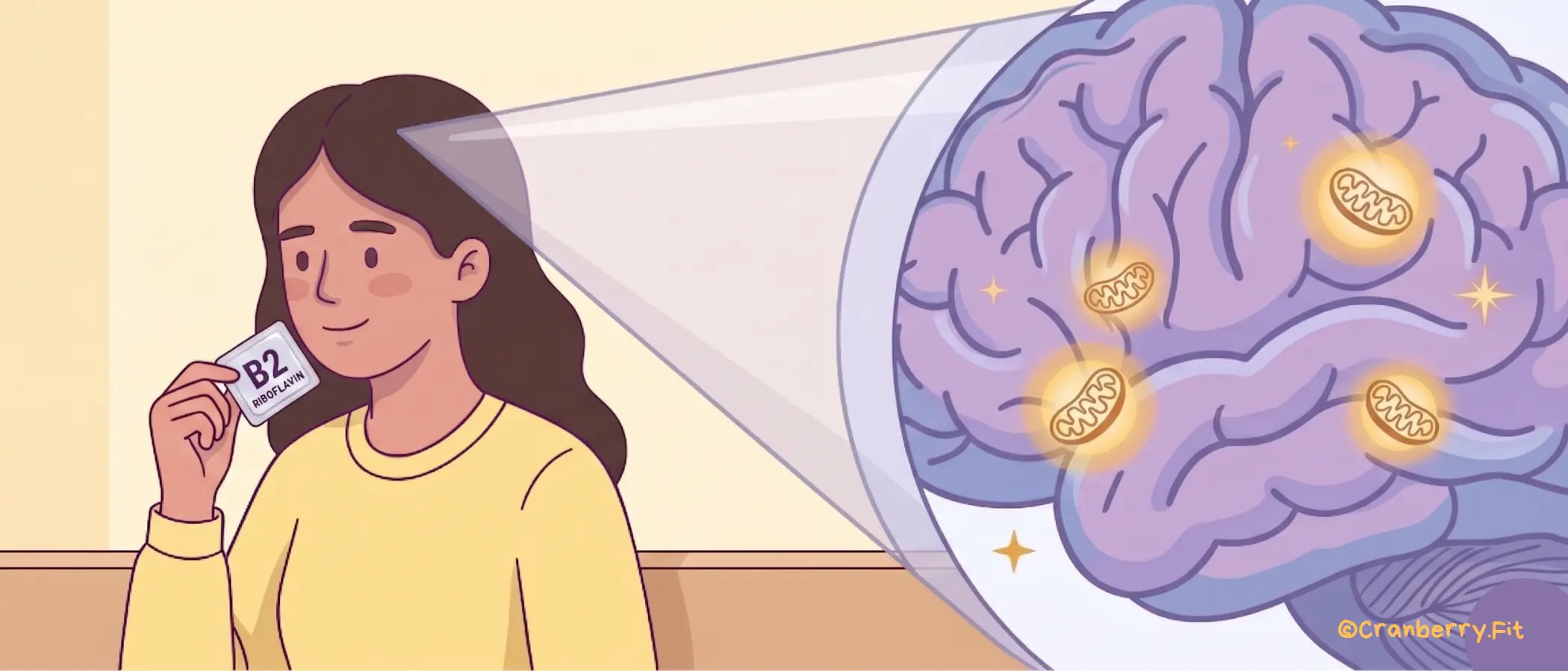 Illustration of a woman holding a riboflavin supplement, with a brain graphic highlighting its effects.
