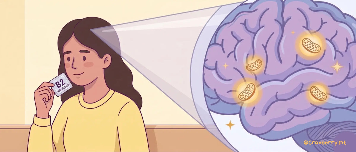 Illustration of a woman holding a riboflavin supplement, with a brain graphic highlighting its effects.